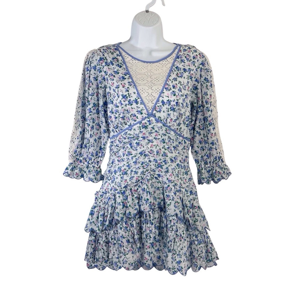 LoveShackFancy Marquise Blue White Floral Ruffle Dress Sz 2